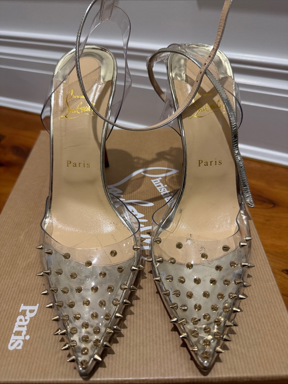 Christian Louboutin Clear PVC Pointed Slingbacks with Gold Spikes